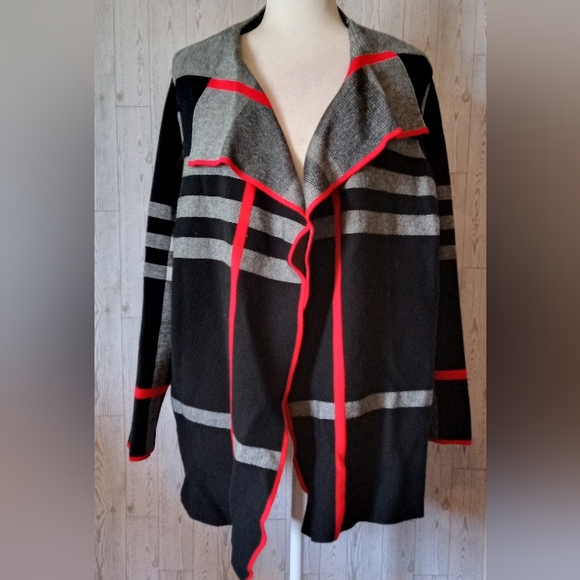 Alison Sheri Stylish Black & Gray Sweater Kimono with Red Accents Size XL - Picture 1 of 8